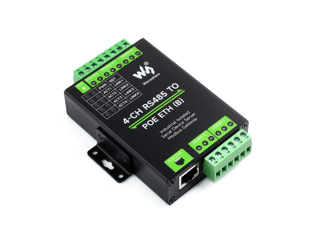 Waveshare 4 Channels RS485 Independent Operation, 4-Ch RS485 To RJ45 Ethernet Serial Server Optional PoE Function
