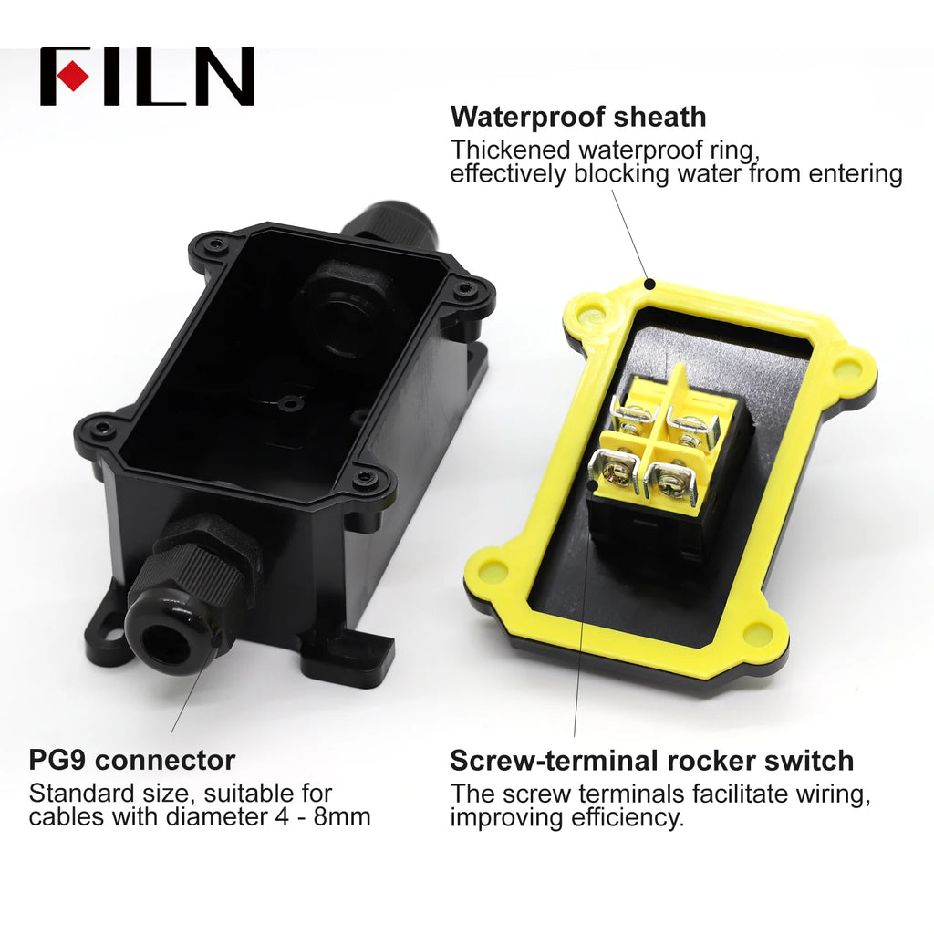FILN 30A 12V 24V 220V Waterproof Inline Toggle Switch with LED IP65 Sealed Outdoor Box Inline Cord Rocker Switch Power