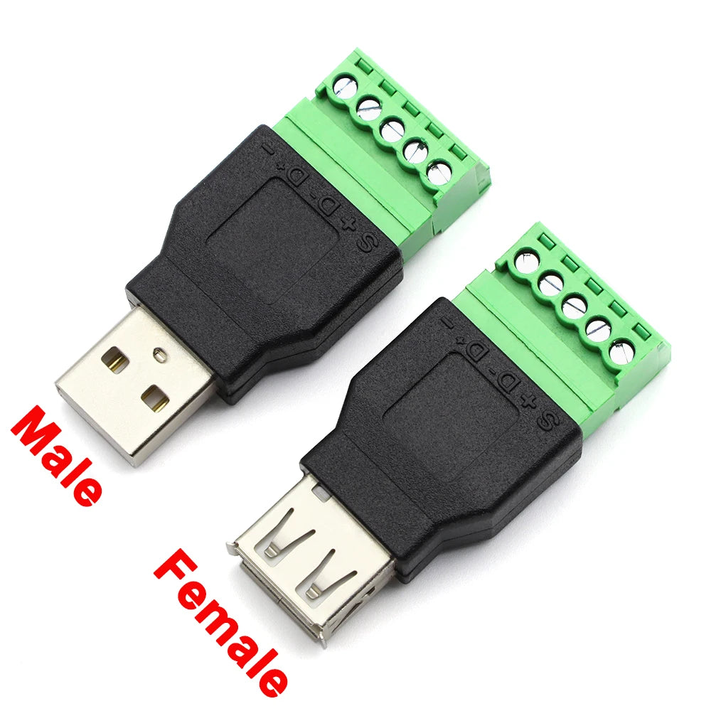 1pcs USB 2.0 Type A Male/Female to 5 Pin Screw Connector USB Jack with Shield USB2.0 to Screw Terminal Plug Soldering Free