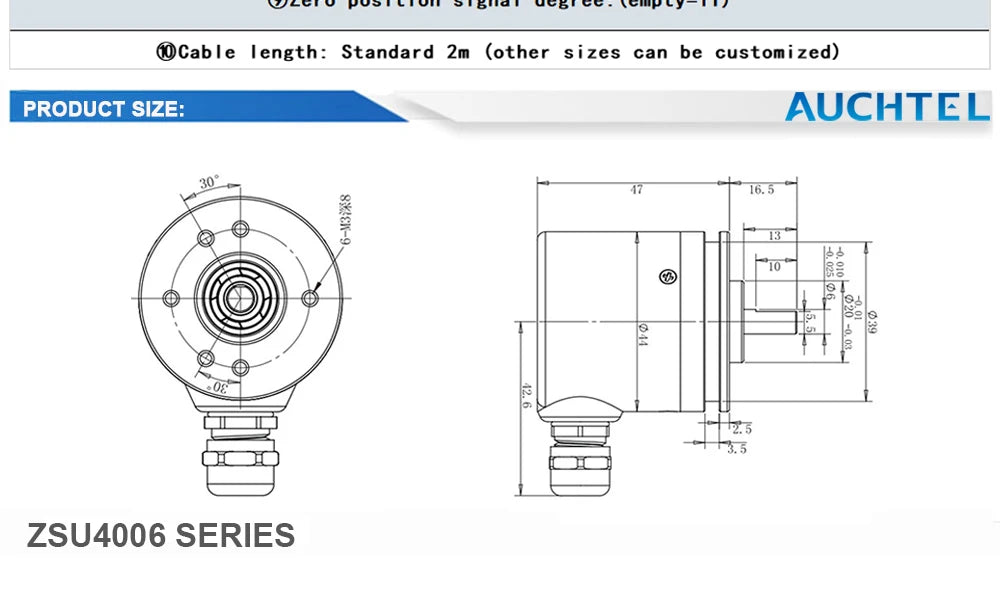 AUCHTEL 44mm IP67 Incremental Encoder 6mm Shaft Rotary Switch AB 2 Phases 10-1024-2500-3600 360 400 500 PPR 5-24VDC