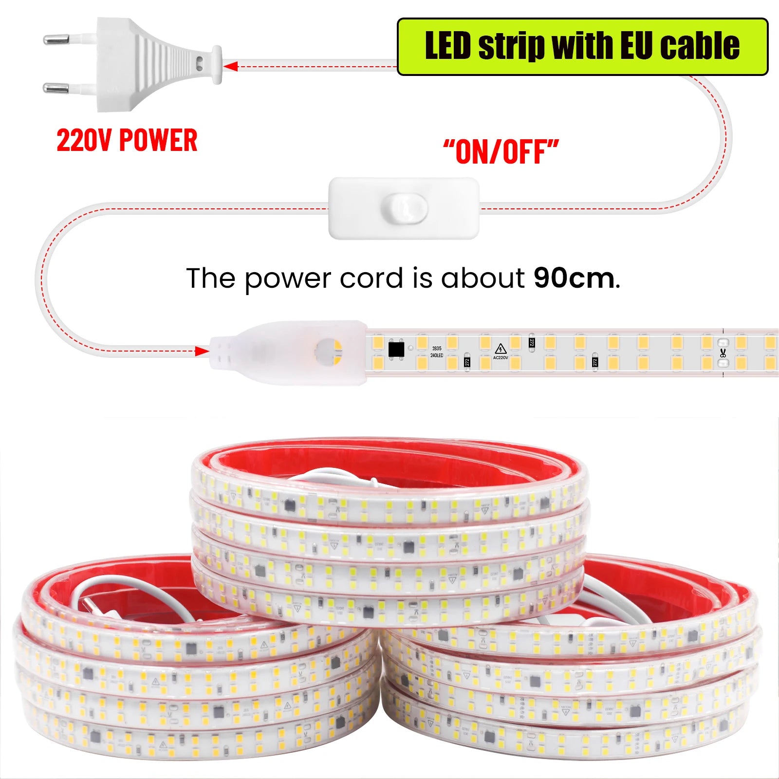 AC 220V LED Strip Waterproof 240Leds/M 3000K 4000K 6000K Home Decor Self Adhesive Tape Chain Light Flexible Ribbon Strip
