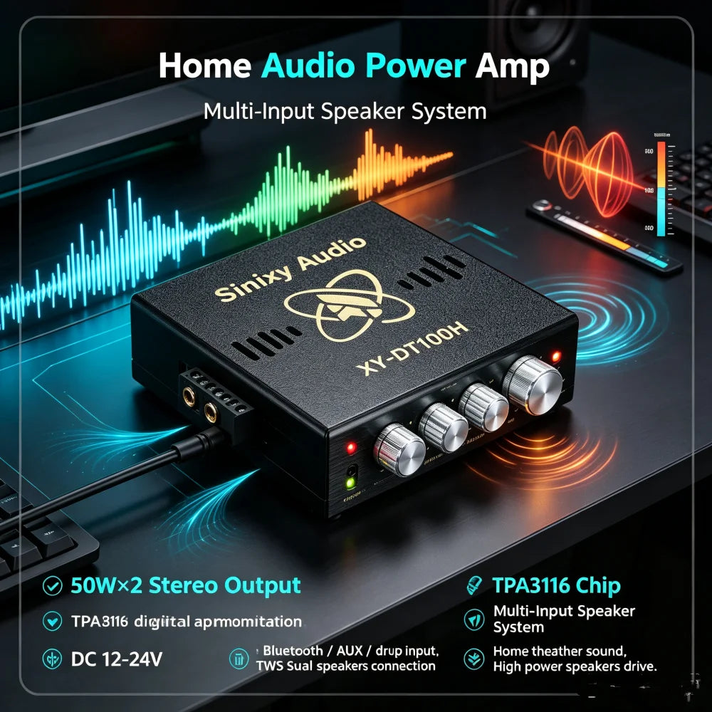 DC 12V 24V XY-DT100H Bluetooth Power Amplifier Board Dual Channel High Power Sound 50W*2+100W Audio Speaker Module TPA3116