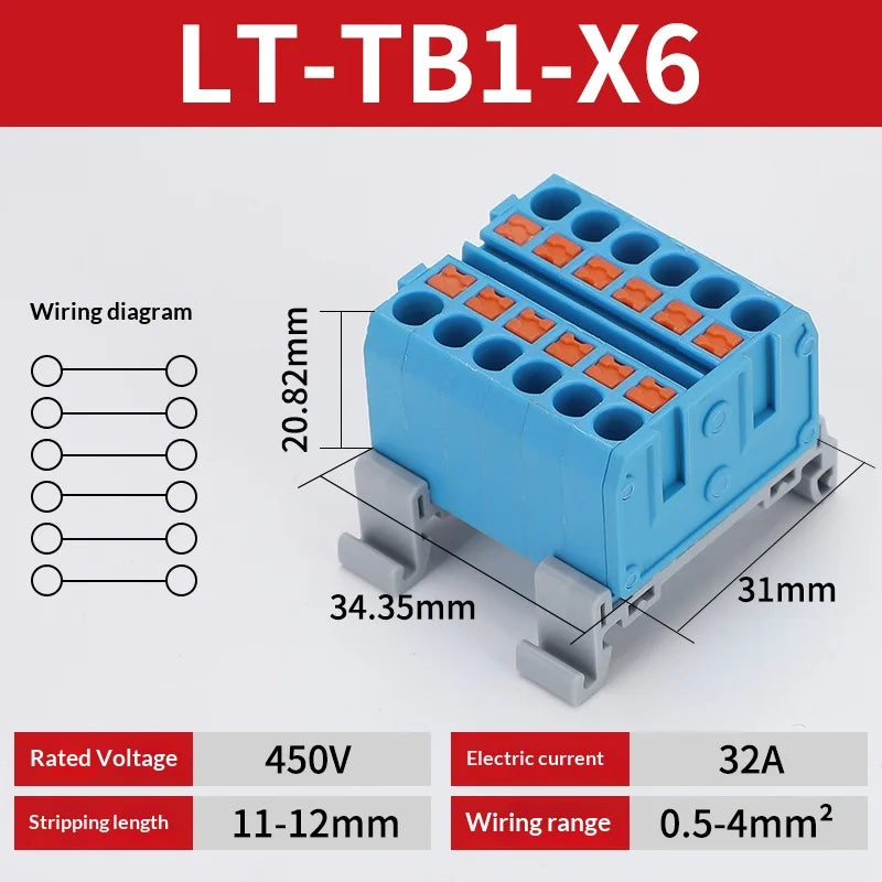Push-in Terminal Block Multiple In Out Terminal Quick Connection of Wires Din Rail Wire Connector Universal Junction Box TB1-X6D