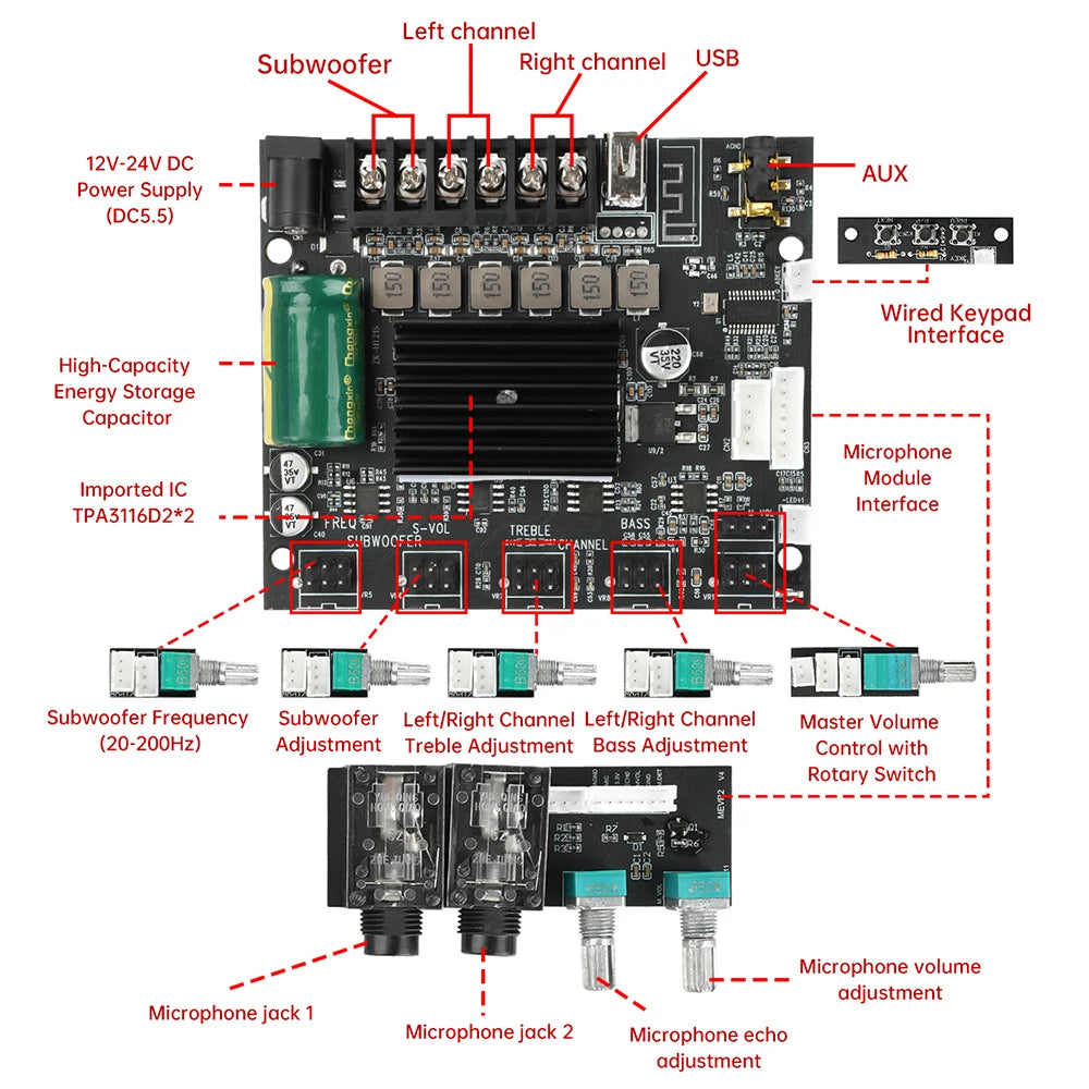 2.1-Channel Bluetooth Amplifier Board 50W+50W+100W DC 12-24V Audio Power Amplifier Module MT21S Leaded Version TPA3116D2*2 Chip
