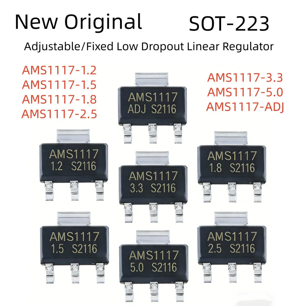 50/100Pcs AMS1117-1.2V 1.5V 1.8V 2.5V 3.3V ADJ SOT-223 SOT-89 AMS1117CD-5.0 TO-252 Adjustable/Fixed Low Dropout Linear Regulator