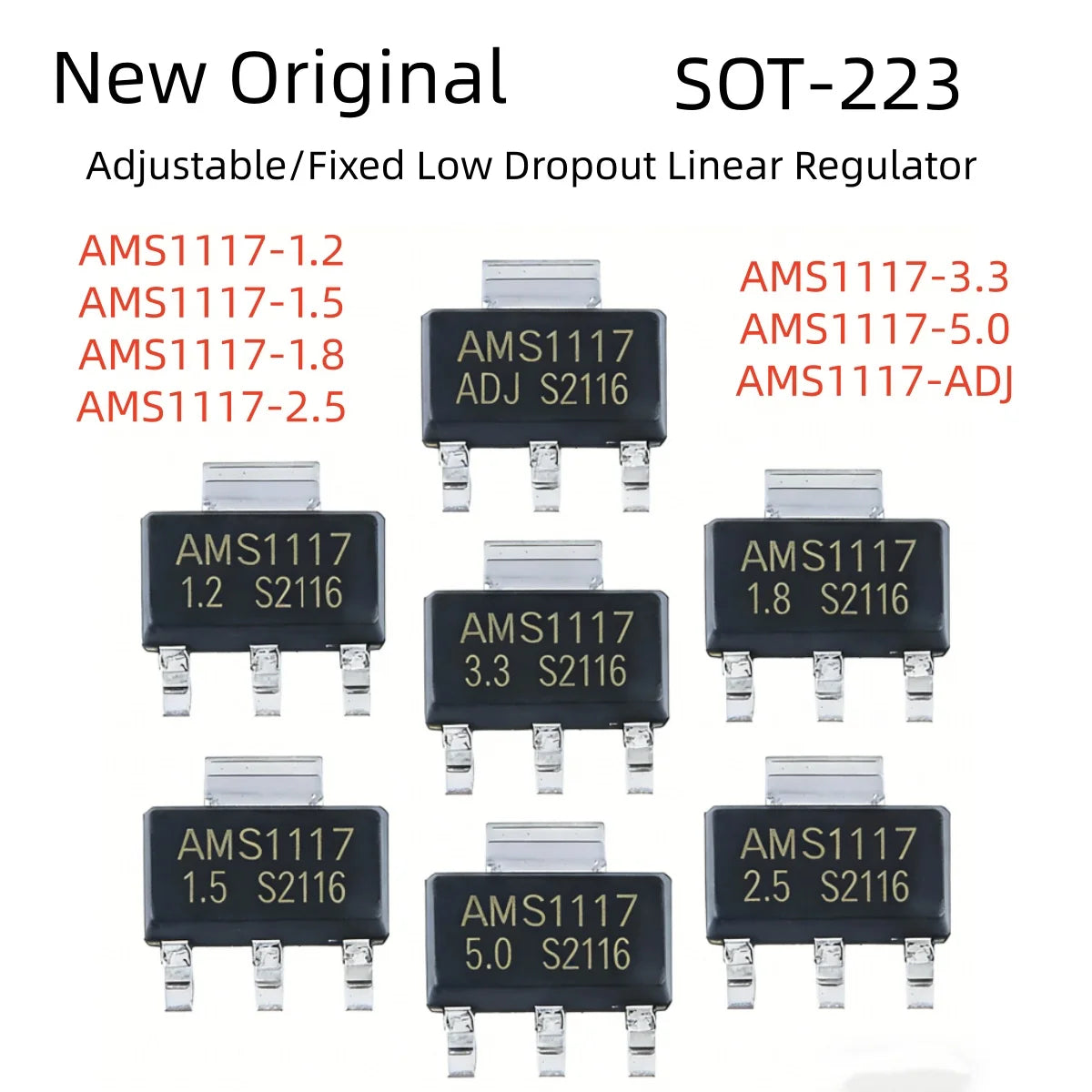 50/100Pcs AMS1117-1.2V 1.5V 1.8V 2.5V 3.3V ADJ SOT-223 SOT-89 AMS1117CD-5.0 TO-252 Adjustable/Fixed Low Dropout Linear Regulator