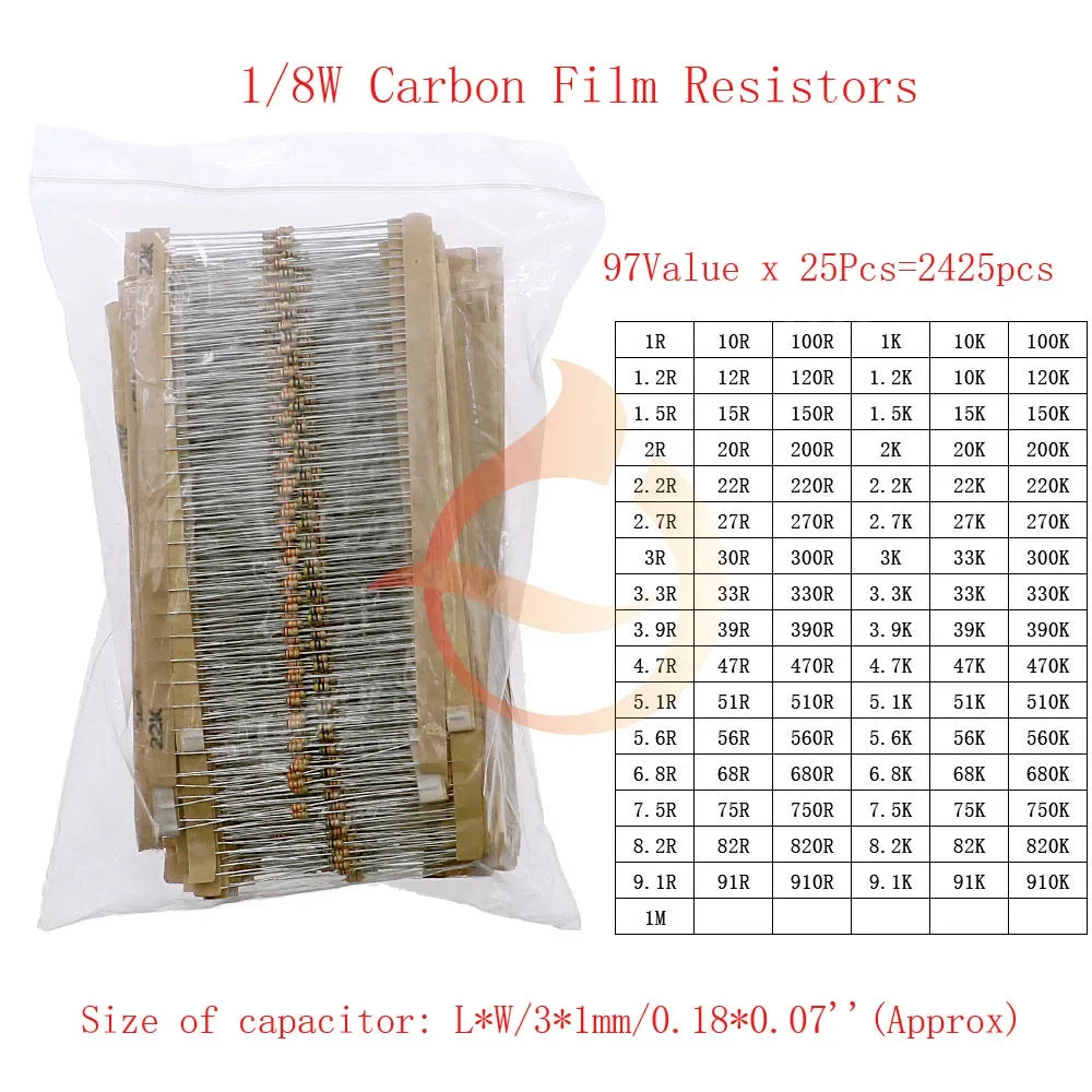 Carbon Film Resistors Assortment Kit set 1/8W 1/4W 1/2W 1W 2W 3W 5W 5% Electronic Components resistor package