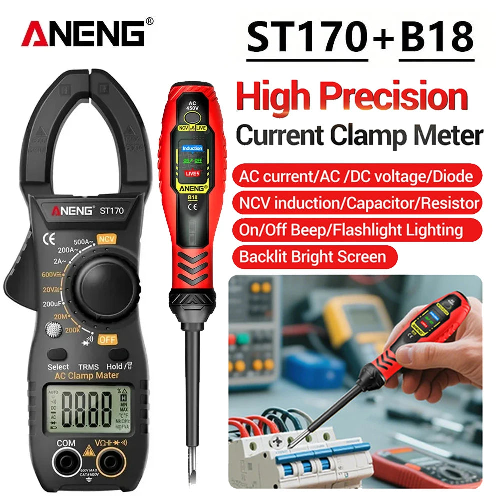 ANENG ST170 Clamp Meter Digital Multimeter Tester 500A AC Current AC/DC Voltage+B18 Highlight Voltage Tester Pen Electrician Set