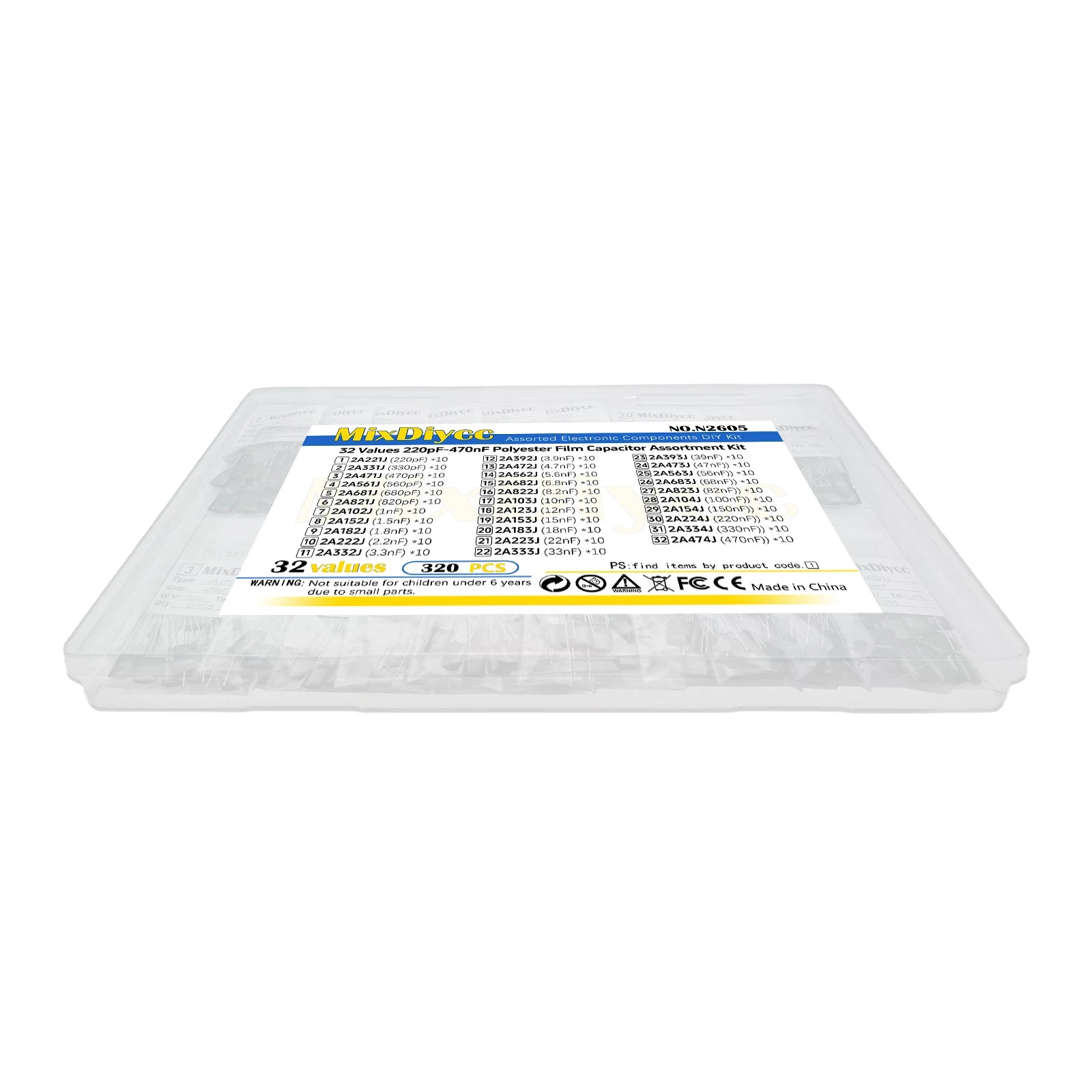 32 Values Polyester Film Capacitor Kit 100V 1/2.2/3.3/4.7/10/22/33/47/100/220/330/470 pF nF 2A 222J/472J/103J/104J/474J 320 Pcs