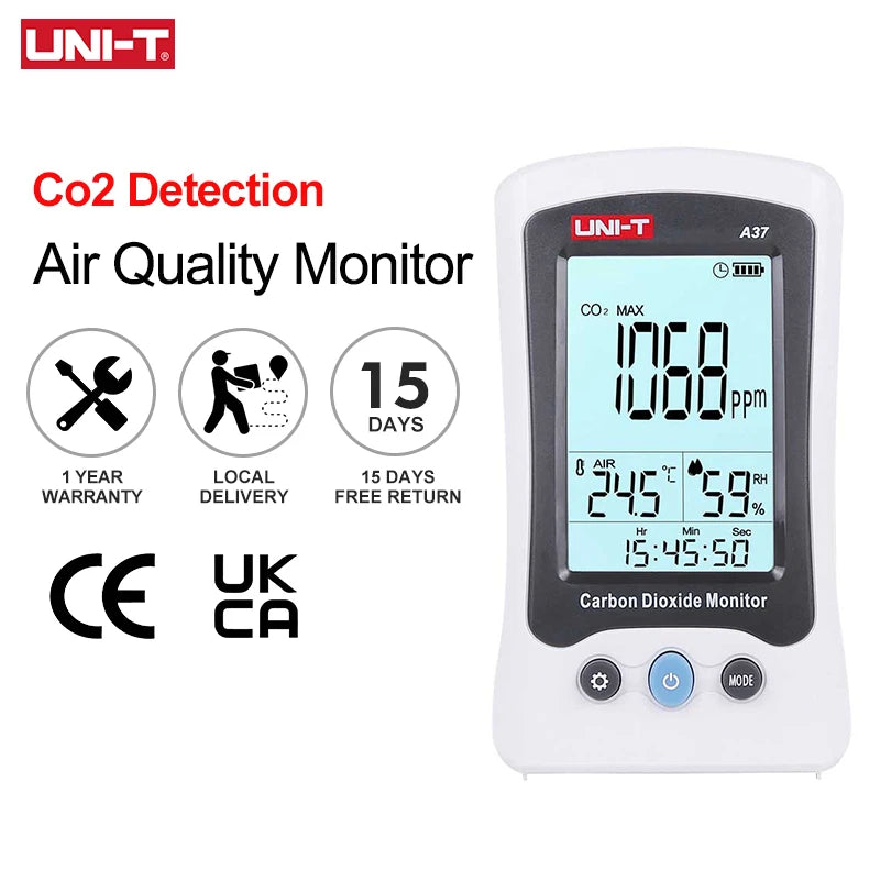 UNI-T Air Quality Monitor A37 Digital Carbon Dioxide Detector 400ppm~5000ppm CO2 Meter Detection NDIR Principle Co2 Sensor