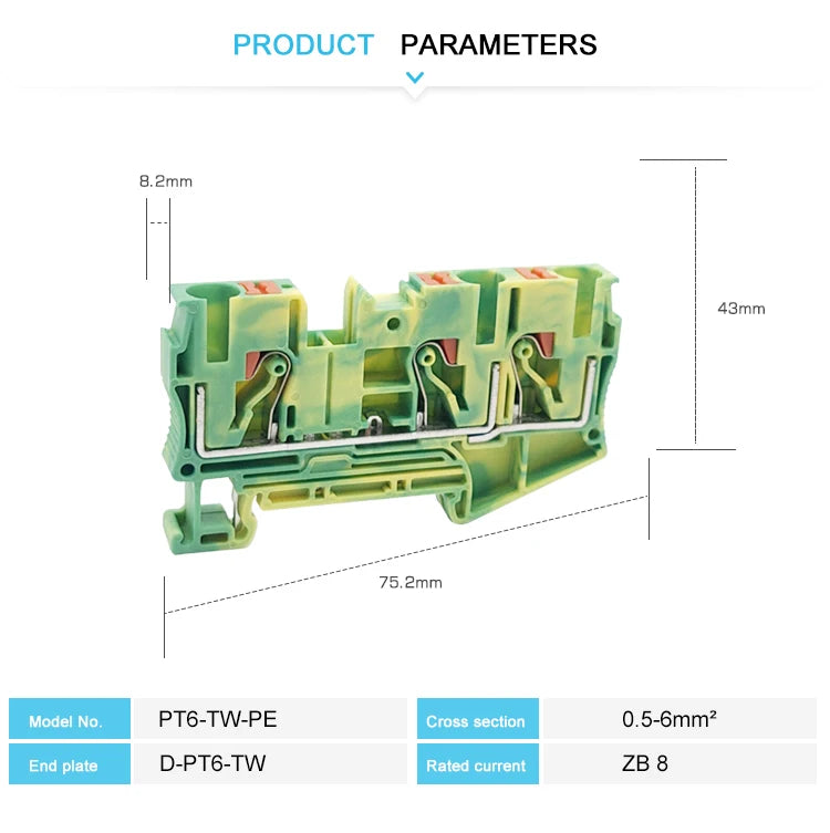 PT6-TW-PE Push-in Ground Terminals 6mm 1-in 2-out Din Rail Terminal Block Earthing Cable Connector Electrical PT 6-TWIN-PE