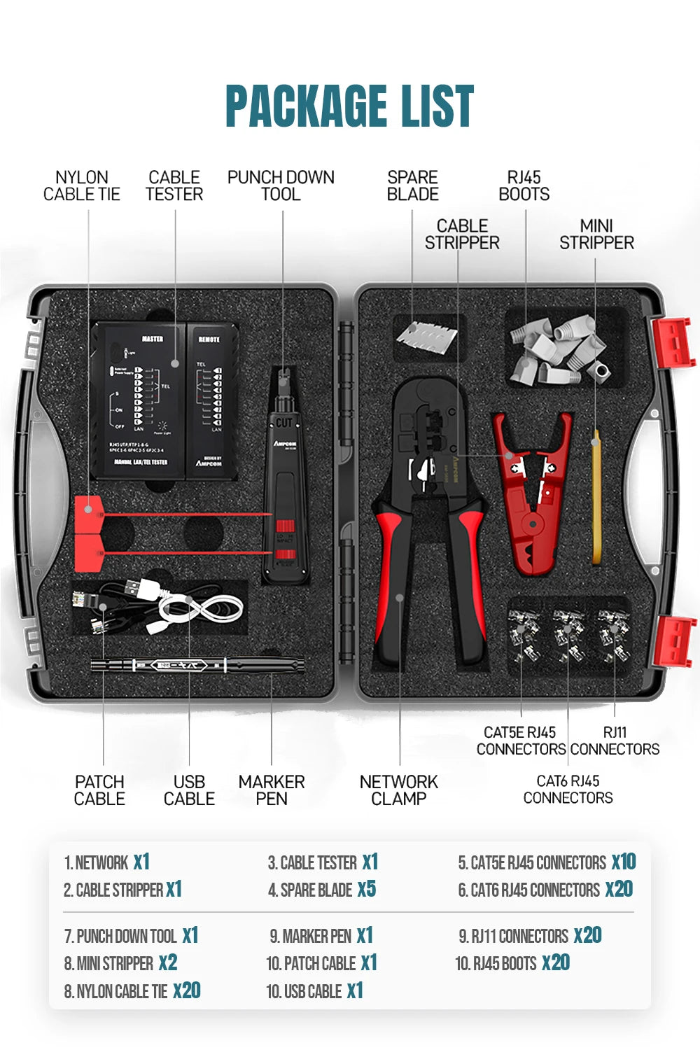 AMPCOM Network Tool Kit, Lan Tester RJ45 Crimper Cat6 CAT5E Connectors RJ11 Punch Down Tool Wire Stripper Pliers Ethernet Cable