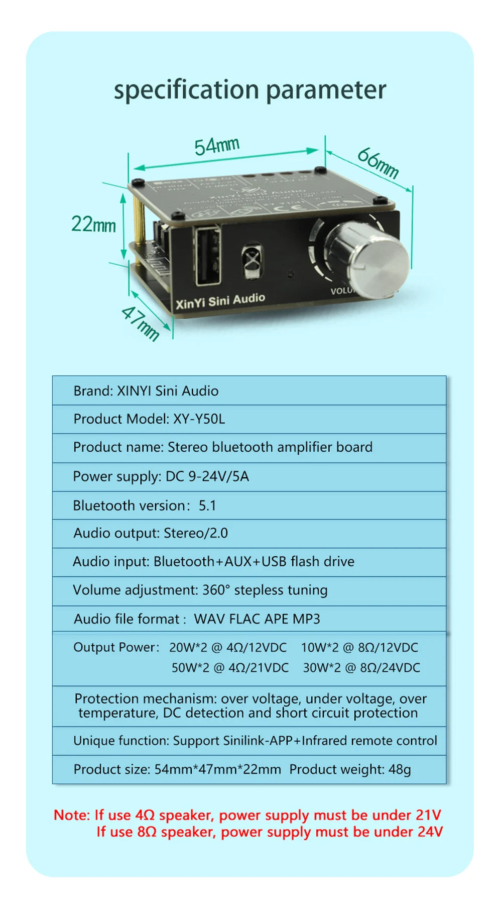 XY-Y50L Stereo BT Bluetooth-Compatible 5.1 AUX USB Audio Digital Power Amplifier Board Module 50W+50W Infrared Remote Control