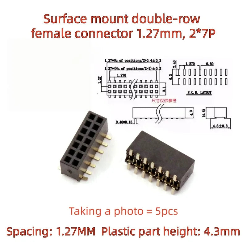 5PCS SMD SMT 2*2/3/4/5/6/7/8/10/12/20/40/50 PIN Double Row Pin Female Header 1.27MM Pitch Connector Socket 2X/6/8/10/20