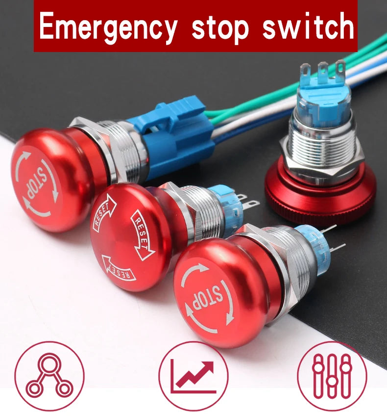1PCS 16mm19mm22mm Metal Emergency Stop Button Switch Waterproof Mushroom Head Self-locking 3Pins 1NO1NC 6Pins 2NO2NC