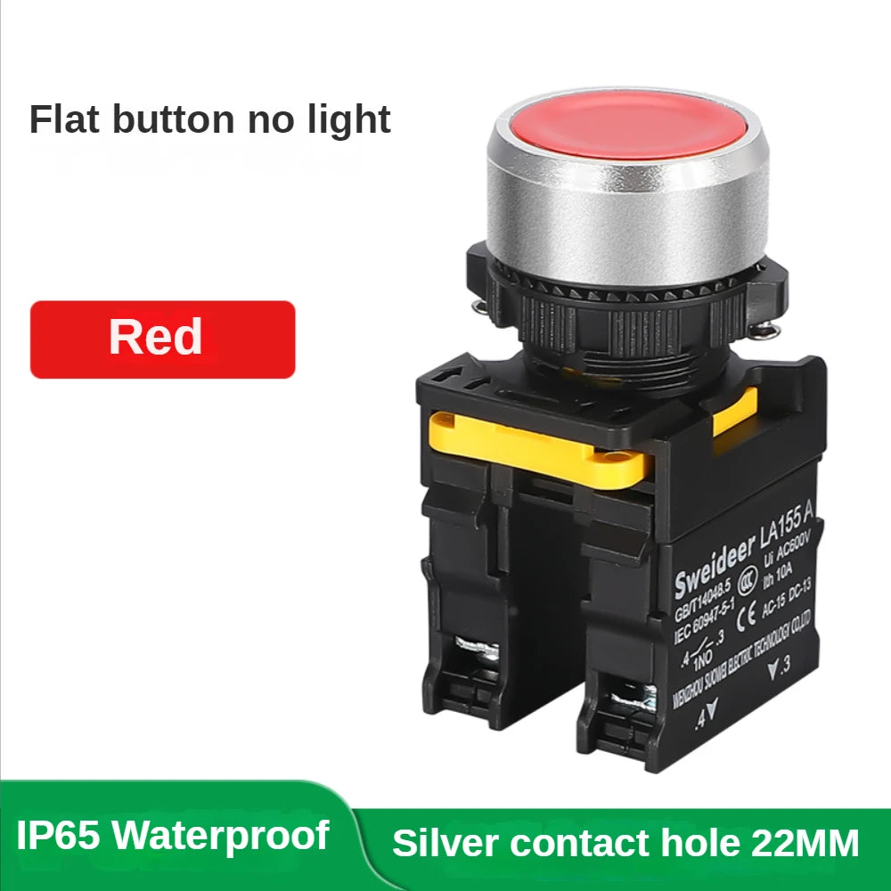 Waterproof Button Switch Momentary Self Reset Self Locking Flat Round Head 22mm Power Push Button Switch 10A 1NO 1NC Red Green