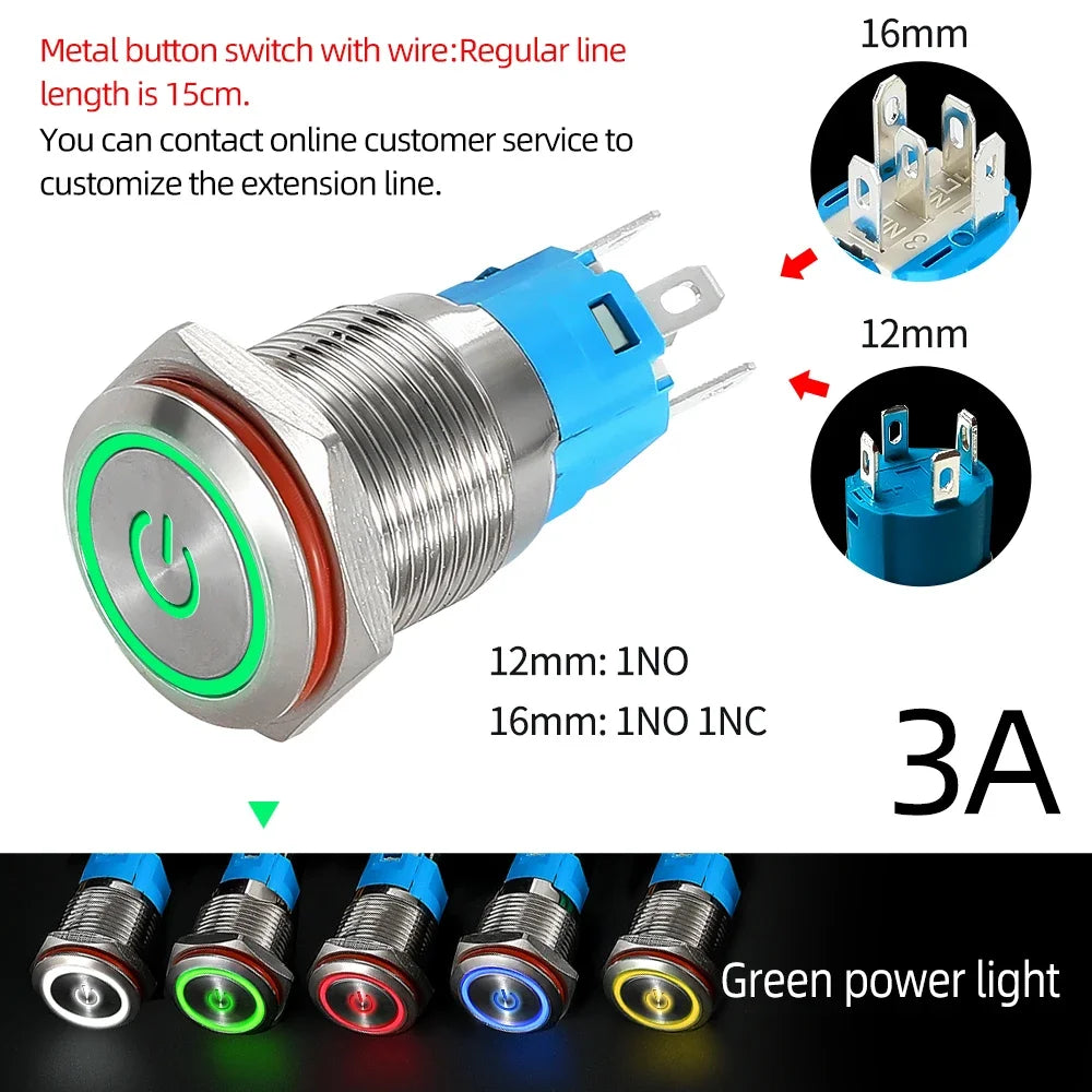 12/16mm Flat LED Illuminated Reset Latching Ring LED Metal Push Button Switch Waterproof On Off with Power Symbol