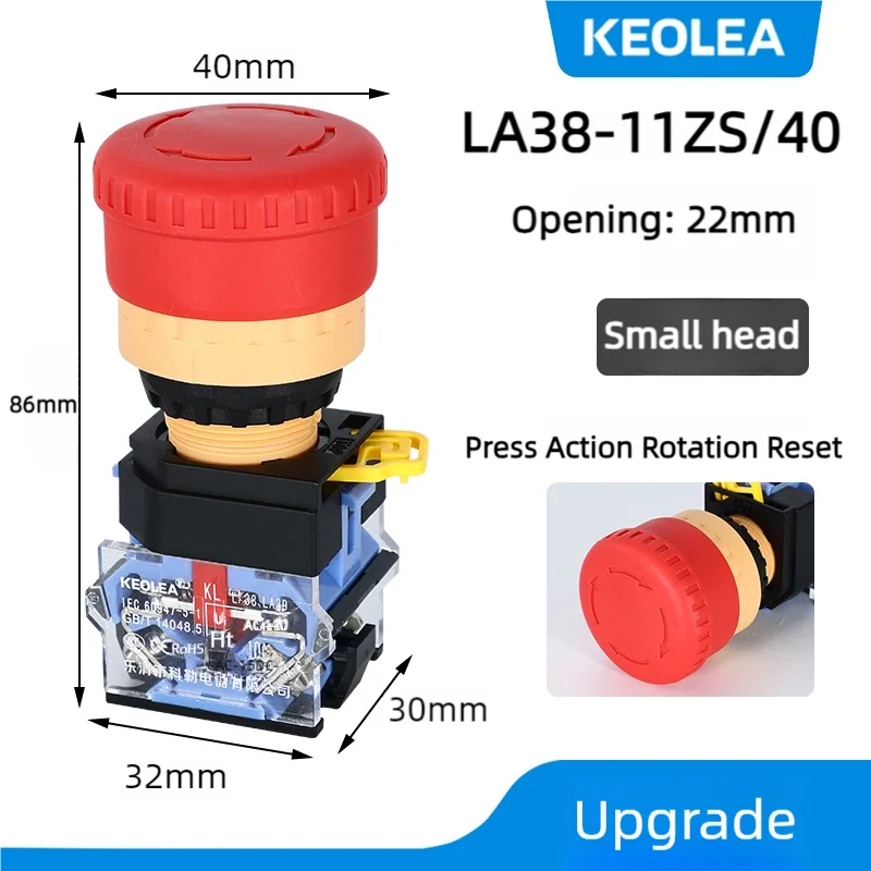 LA38 Emergency Stop 10A Self-locking Rotary Reset Latching Head Power Switch Mushroom Push Button Switch 22mm 1 NO I NC 2NC