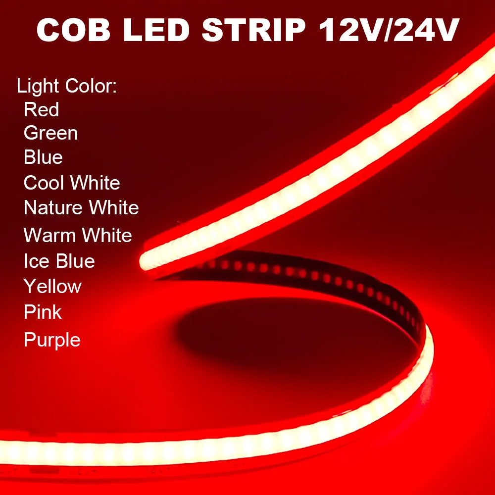 COB LED Strip Light 12V 24V 320LEDs/Chips/M High Density Linear Red Green Blue Warm Nature Cool White Lighting Flexible LED Tape