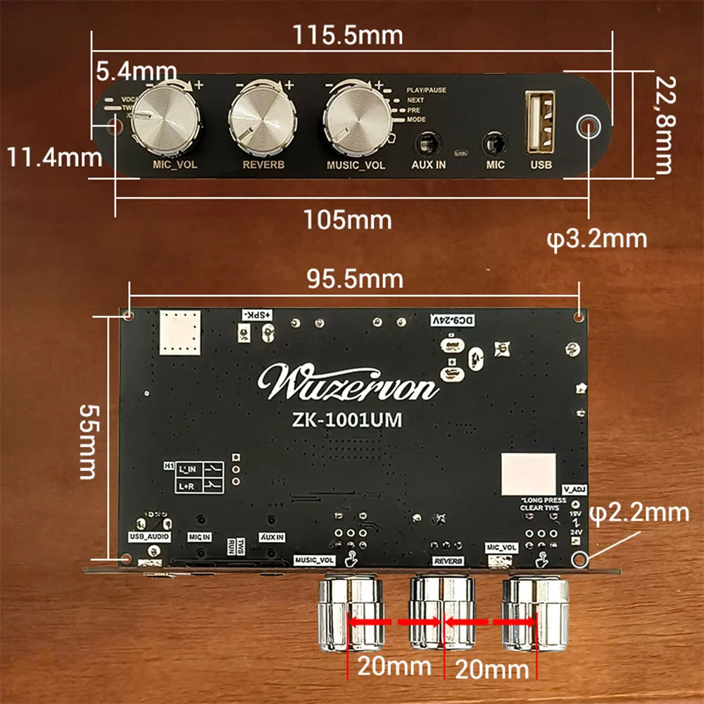 ZK-1001UM DC 9-24V mono 100W Bluetooth amplifier board TPA3116D2 supports TWS to speaker karaoke microphone reverb