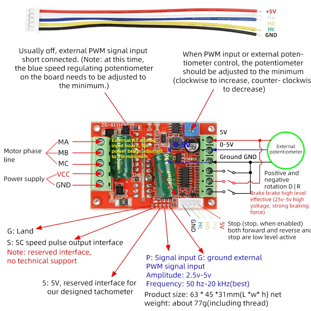 ZS-X11H V1 DC 6-60V 400W BLDC Three Phase DC Brushless Motor Controller Mini PWM Hall Motor Control Driver Board