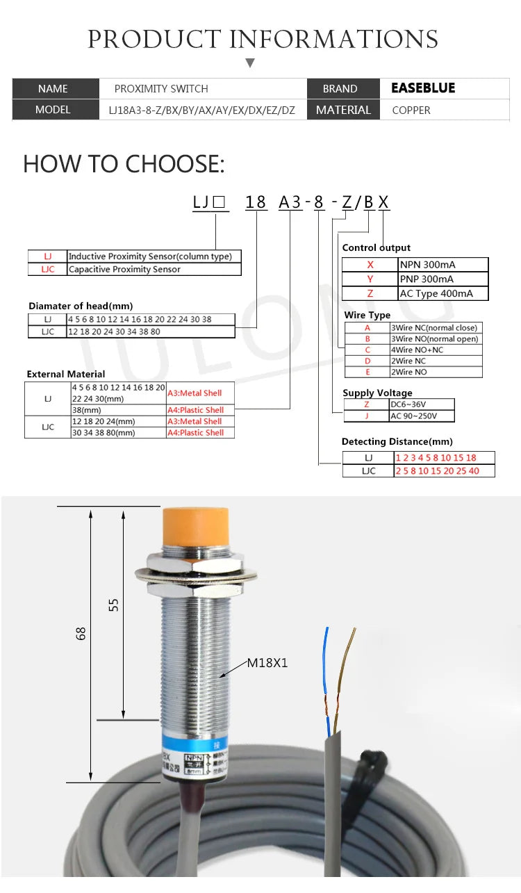 LJ18A3 Cylinder Inductive Proximity Sensor Switch M18 5MM 8MM NPN PNP DC 6~36V BX/BY/AX/AY/EX/DX/EZ/DZ Two Wire Proximity Switch
