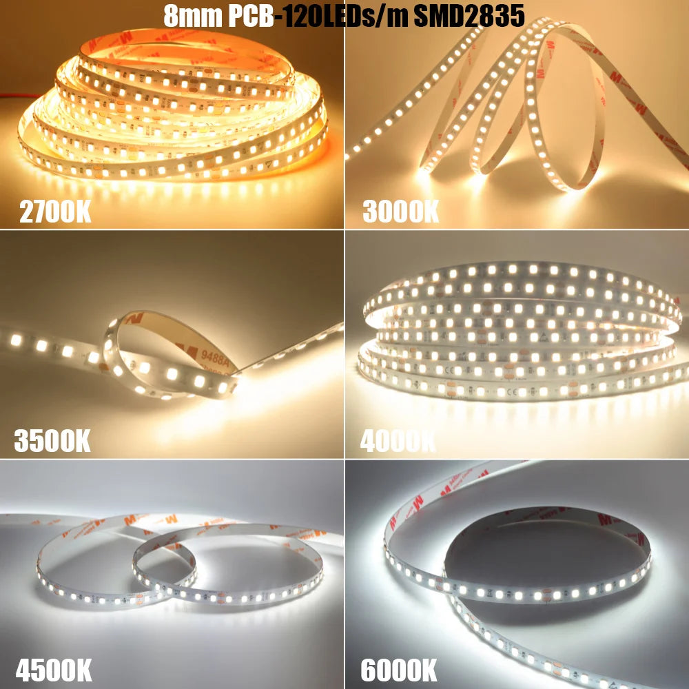 5mm 8mm Led Strip Light RA98 10mm PCB 2700K 3000K 3500K 4000K 5000K 6000K 5m 10m 24V 2835 120 240 LEDs Flexible Tape Lighting