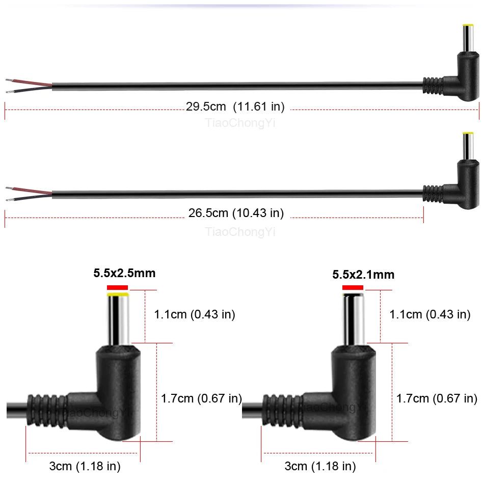 18AWG DC Power Connector 5.5 X 2.1mm / 2.5mm Male To 5.5 2.1/2.5mm Male Plug Cable Right Angled 90 Degree Power Cable 29cm