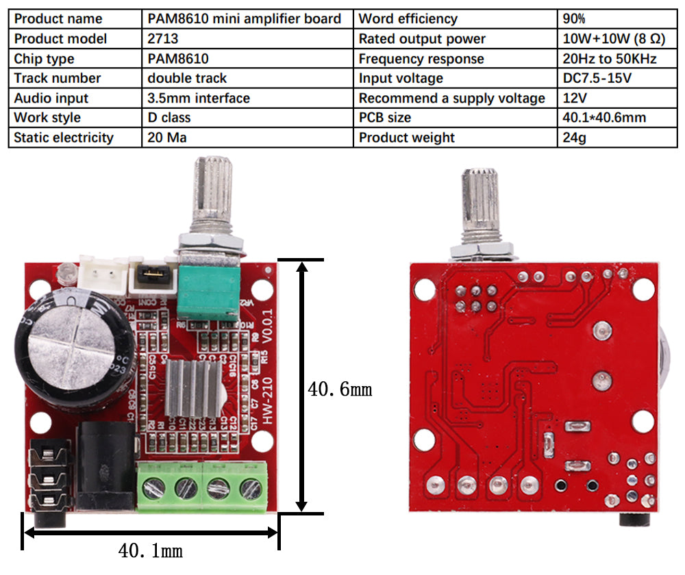 PAM8610 Digital Power Amplifier Board 2x15w Dual Channel Stereo Mini Class D 12V Mini Hi-Fi Audio Stereo Module 2X10W