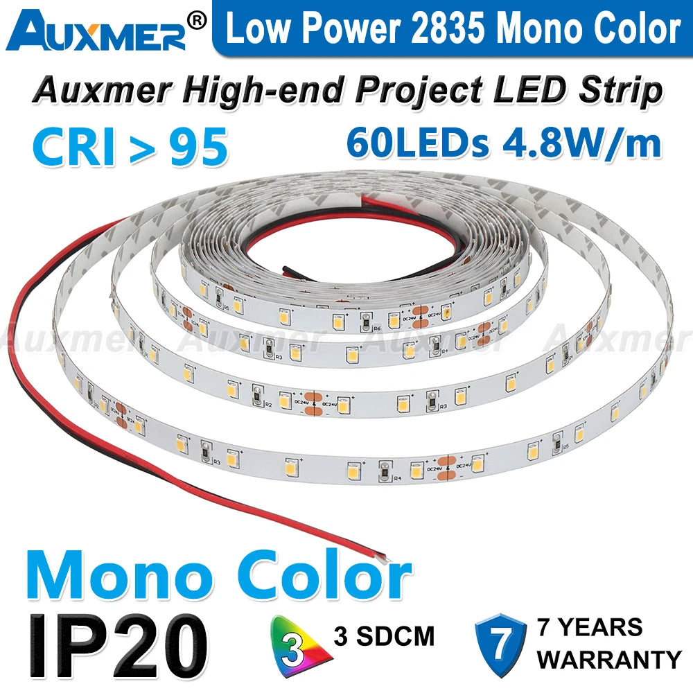 Auxmer Low Power 2835 LED Strip,Mono Color,120LEDs/m 240LEDs/m,CRI＞95/90,3SDCM,Super Bright Flex LED DC12/24V,5m/reel,IP20