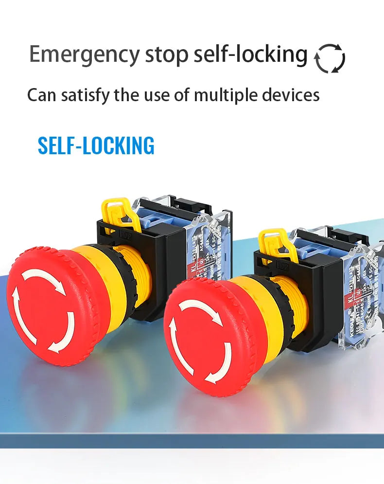 LA38 Emergency Stop 10A Self-locking Rotary Reset Latching Head Power Switch Mushroom Push Button Switch 22mm 1 NO I NC 2NC