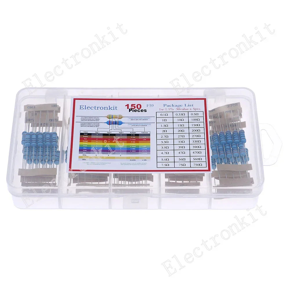 150pcs 30values 0.1-750 ohm 1% 1W Metal Film Resistor Assorted Kit 5 Color ring resistor Set