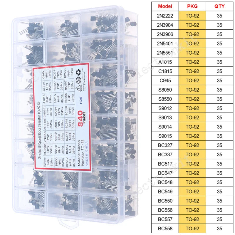SOP-23 SOP-223 TO-252 TO-92 TO-92L TO-126 TO-220 Mosfet Triode Thyristor Voltage Regulator PNP/NPN Transistor Assortment Kit