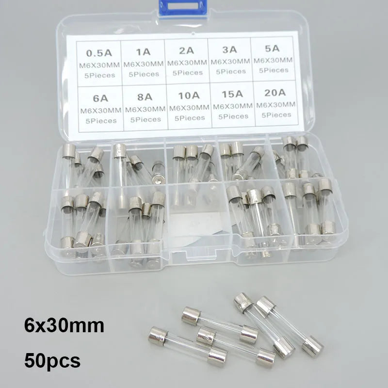 50Pc/box 6x30mm fast Blow Glass Tube mix Fuse Assorted Box mix Kits T 0.5A 1A, 2A, 3A, 5A, 6A, 8A, 10A, 15A, 20A 3cm 6x30 c1