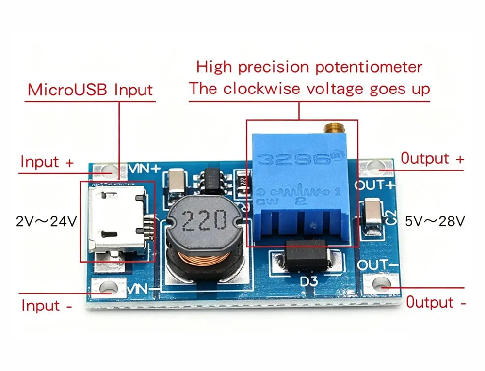 MT3608 DC-DC Adjustable Boost Module 2A Boost Plate Step Up Module with MICRO USB 2V-24V to 5V 9V 12V 28V SX1308 2A