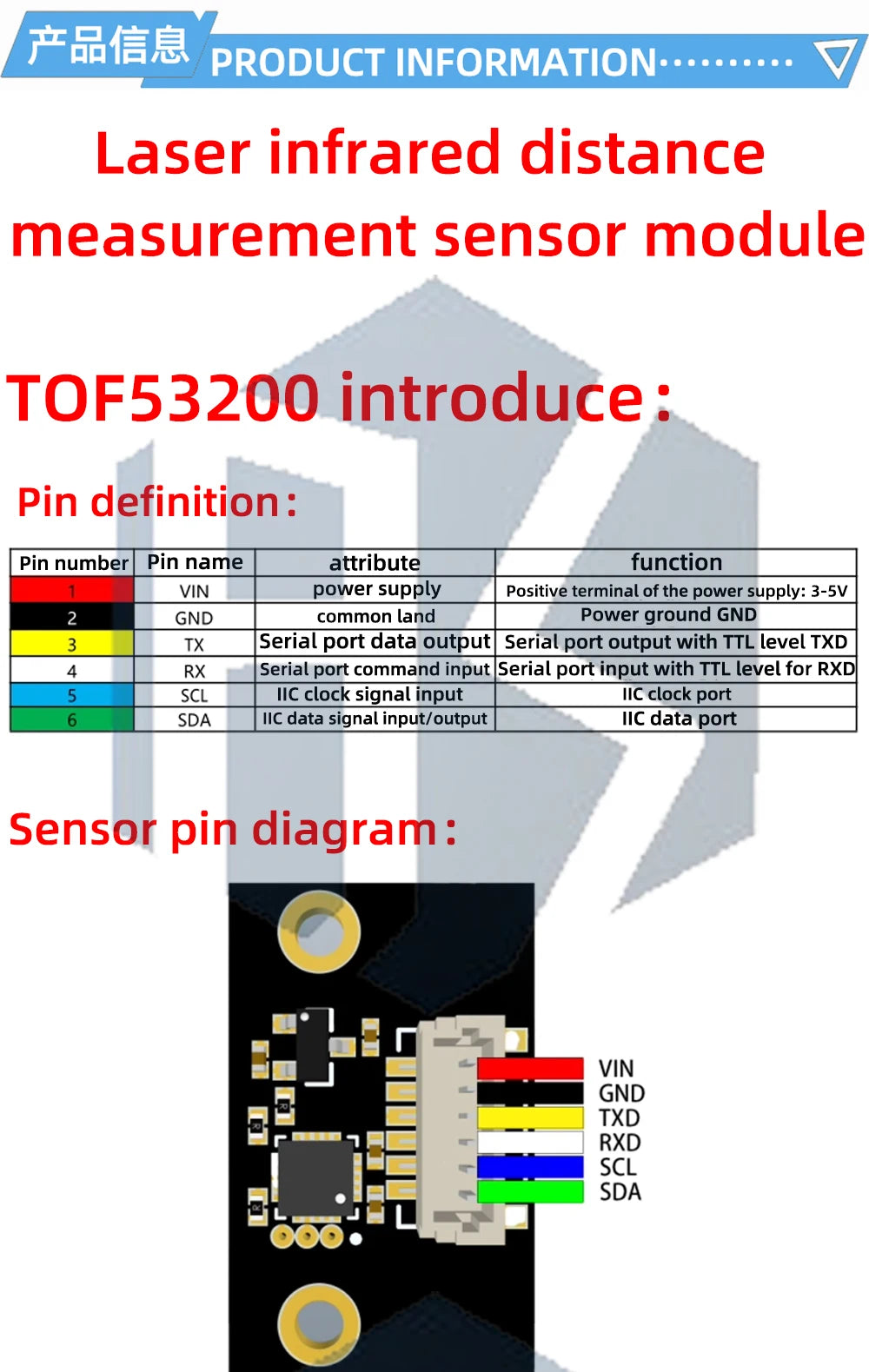 TOF53200/TOF53400 2M/4M ToF Distance Sensor - VL53L1X/VL53L0X 3V-5V for Arduino Projects