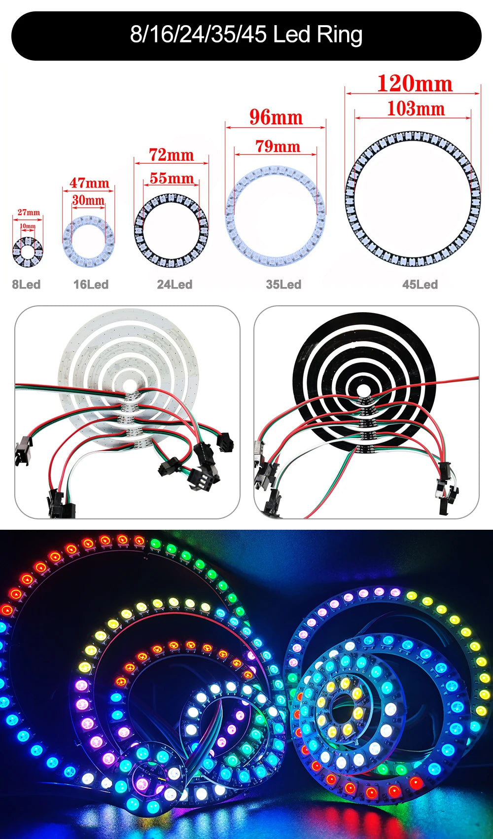 DC5V WS2812B DIY LED Ring 8 to 241 Pixels 5050 RGB Individually Addressable WS2812 Round Modules With 17Keys Music RF Controller