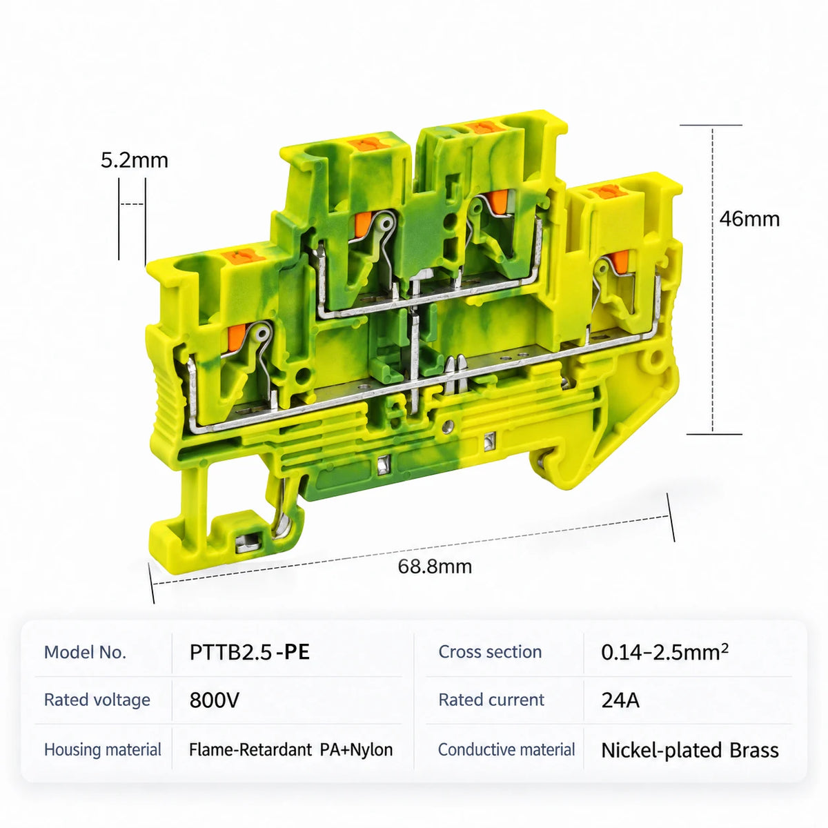 DIN Rail Terminal Blocks PTTB-2.5 Push-In Double Level 0.14-2.5mm2 Screwless Electrical Wire Connectors for Control Panel Wiring