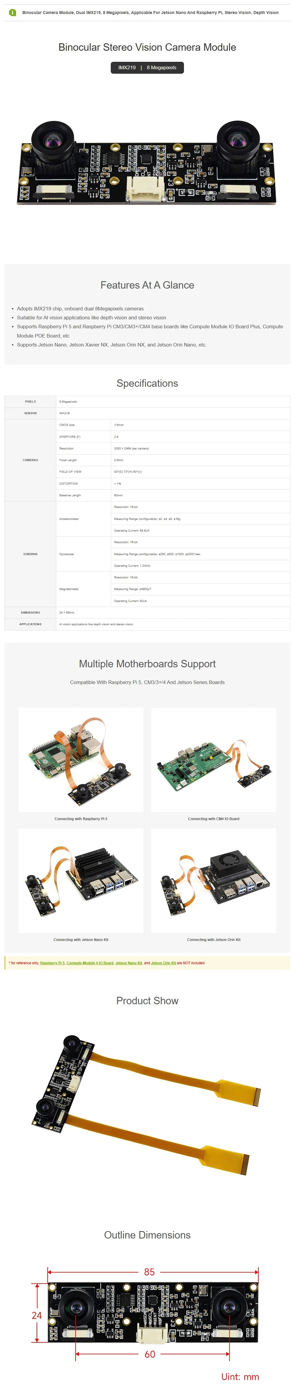 IMX219-83 Stereo Camera, Dual IMX219 Camera, 8MP Binocular Camera Module, Depth, Raspberry Pi CM3/3+ Camera