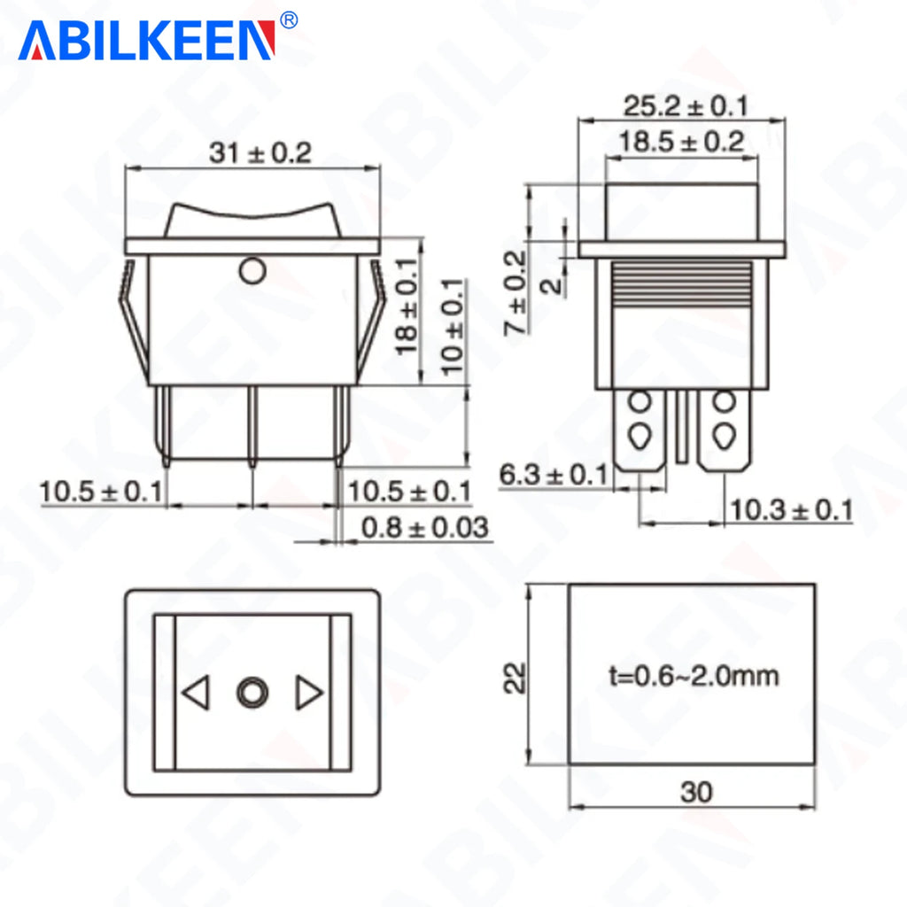 50PCS/LOT ABILKEEN KCD2-203-3 Rocker Toggle Switch DPDT 6Pin Latching/Momentary(Reset) 3Position KCD2 Rocker Switch 16A 250VAC
