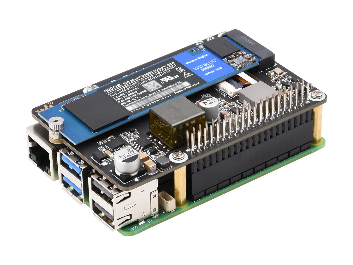 Waveshare PCIe To M.2 Adapter With PoE Function (B) For Raspberry Pi 5, Supports NVMe Protocol M.2 Solid State Drive High-speed