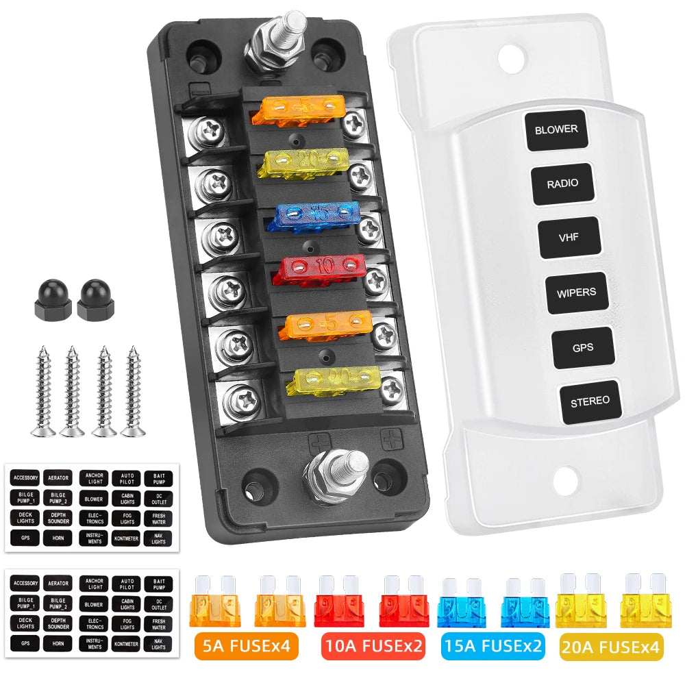 6 Ways Blade Fuse Block With Cover 6 Circuit Fuse Holder Fuse Block w/Negative Bus12-24V Car Boat Fuse Box Holder