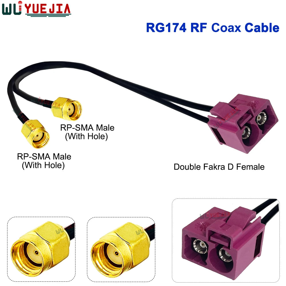 RG-174 Double Fakra D Female to SMA Male Pin + RP-SMA Female Hole 50 Ohm RF Connector Coaxial Cable WIFI Antenna Jumper Pigtail