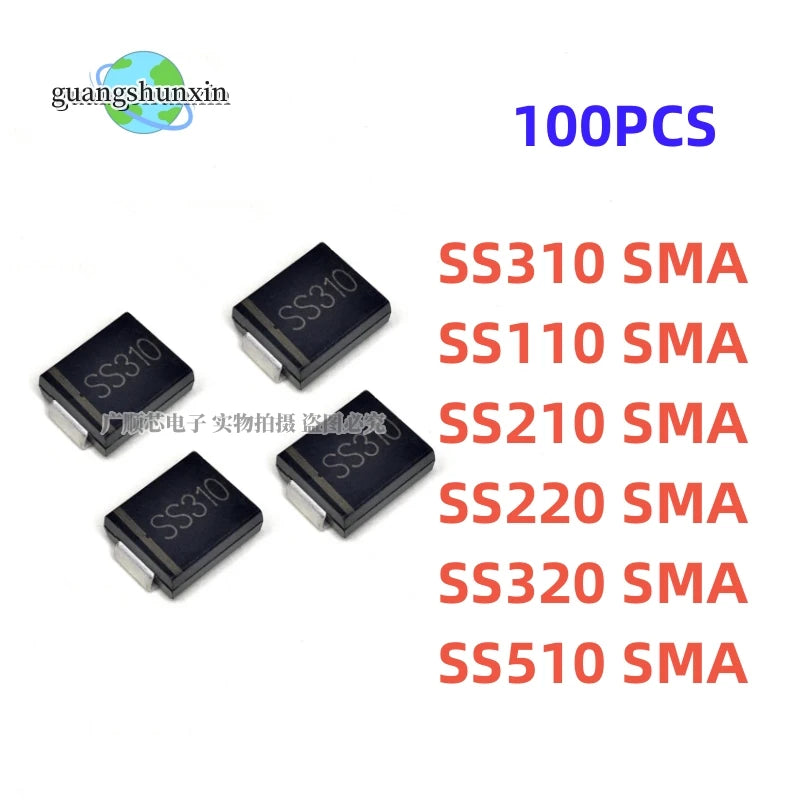 100PCS SS310 SMD SR310 SS110 SS210 SS220 SS320 SS510 Schottky Barrier Rectifier Diode 2A 3A 5A 100V 200V DO-214AC SMA