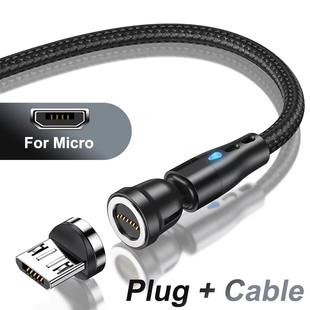 3A Fast Charging Magnetic Cable 540° Rotating USB Type C Micro Data Cable for Samsung Huawei Xiaomi Android Phone Charger Wire