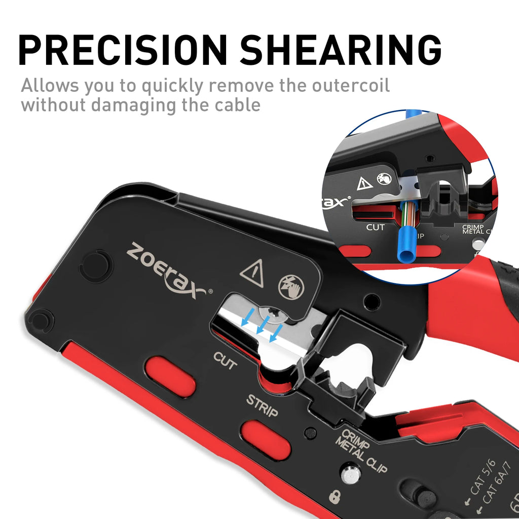 ZoeRax Cat7 RJ45 Crimp Tool compatible for Cat7/6a/6/5e Ethernet Cable with Cut/Strip Multi-function crimper With Spare blades