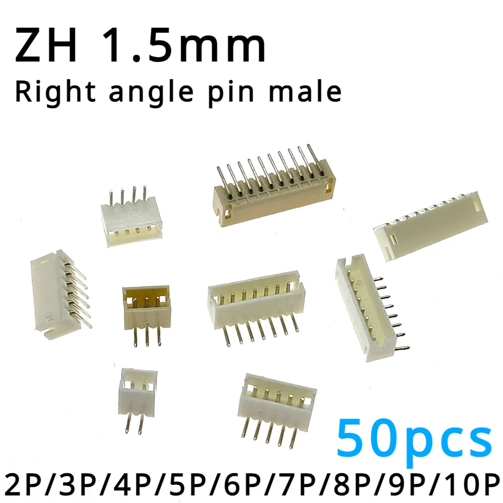 50pcs JST ZH 1.5mm 2P/3P/4P/5P/6P/7P/8P/9P/10P Right Angle Pin Male Connector