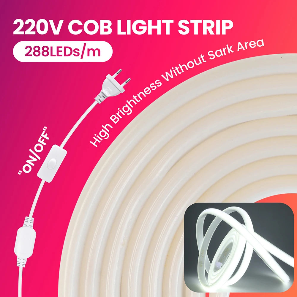 Dimmable 220V COB LED Neon Strip Light Switch Dimmer Power Kit 5m 10m 30m 3000K 4000K 6000K 288 LEDs Flex Tape 0.5m Waterproof