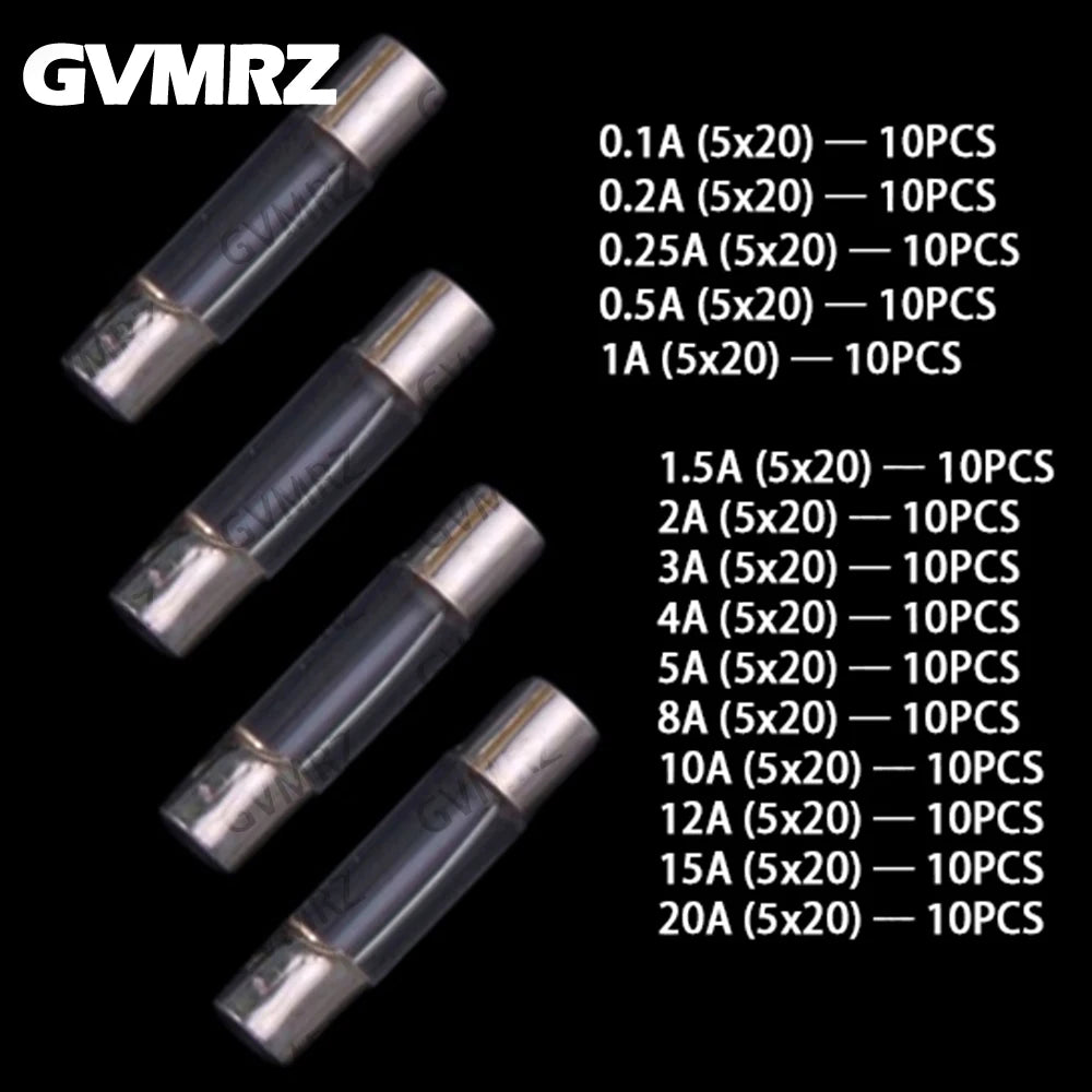 15Values 150PCS 5x20mm Glass Fuse Sets: 0.1A 0.2A 0.25A 0.5A 1A 1.5A 2A 3A 4A 5A 8A 10A 12A 15A 20A
