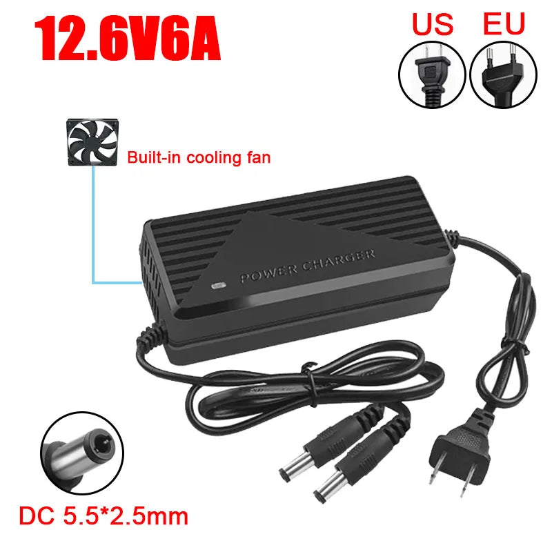 12.6V 5A 6A 18650 Lithium Battery Charger for 21V 3A 4A with Cooling Fan Li-ion Battery Fast Charging Charger Double Line DC 5.5